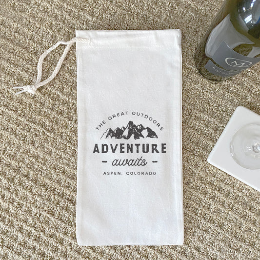 Adventure Awaits w/ City, State - Canvas Wine Bag
