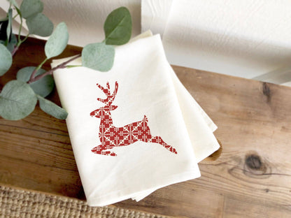 Red Holiday Deer - Cotton Tea Towel